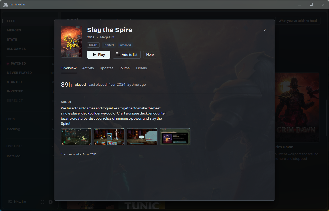 Slay the Spire details, play history and screenshots in Winnow
