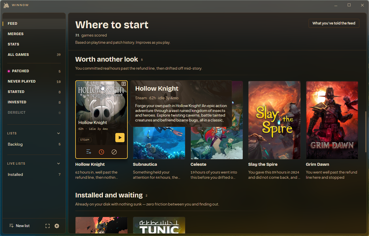 Winnow recommendations with a Hollow Knight preview and reasons to play