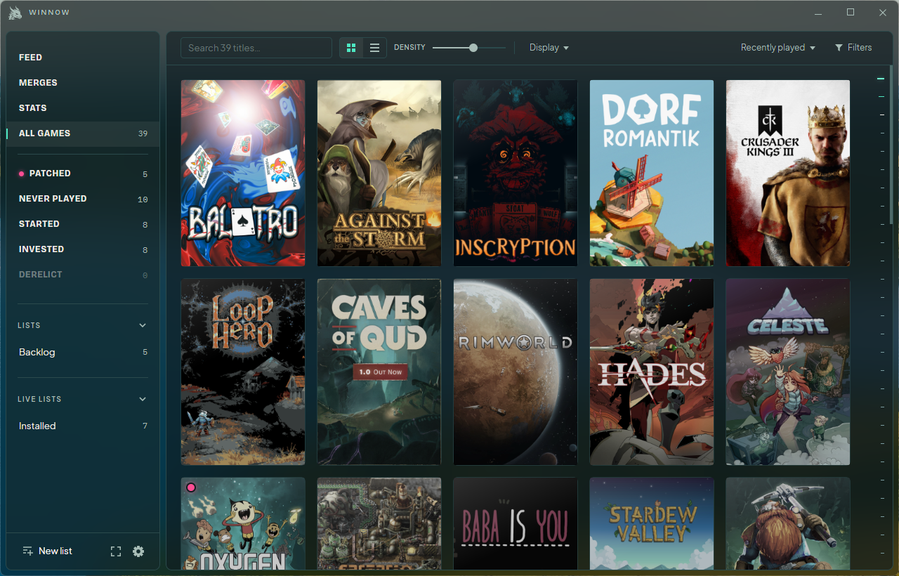 Winnow desktop library with game covers and built-in collections