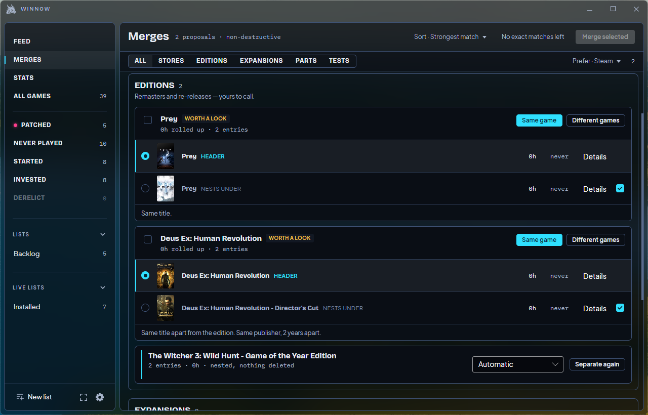 Winnow reviewing suggested merges for different game editions