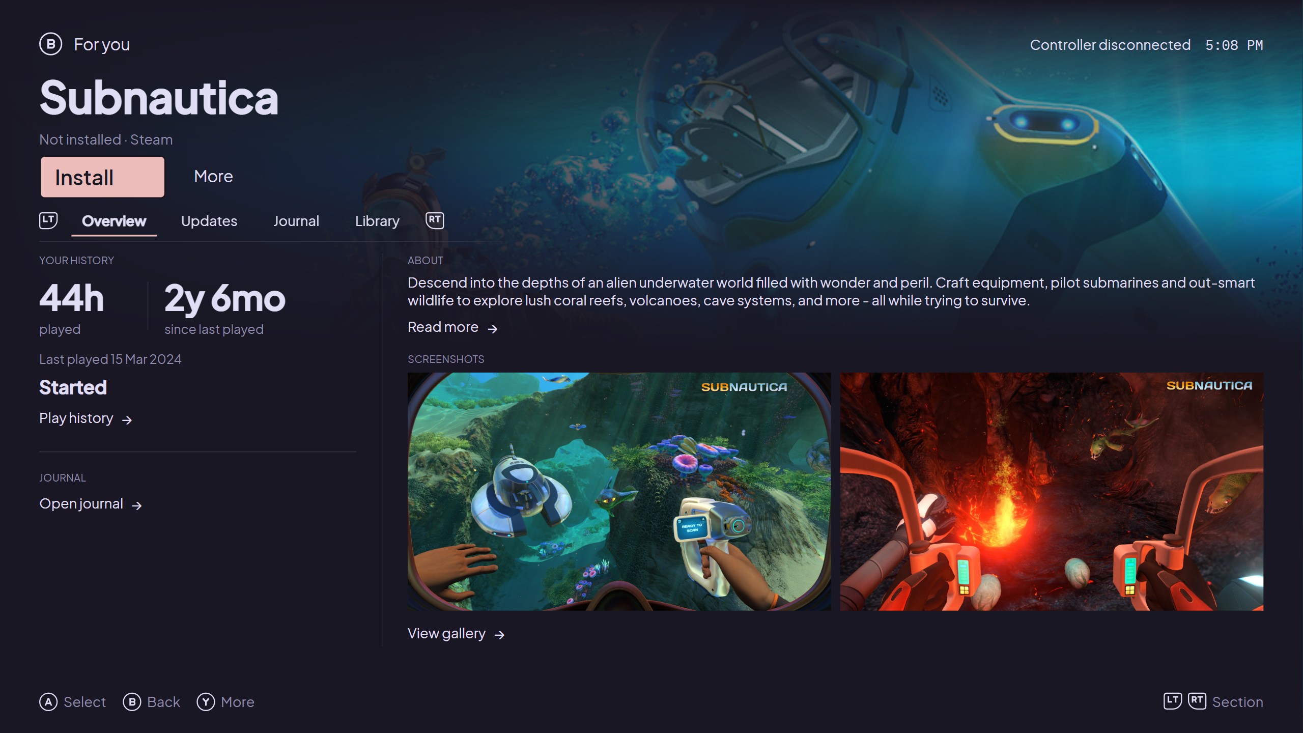 Subnautica details and play history in fullscreen mode