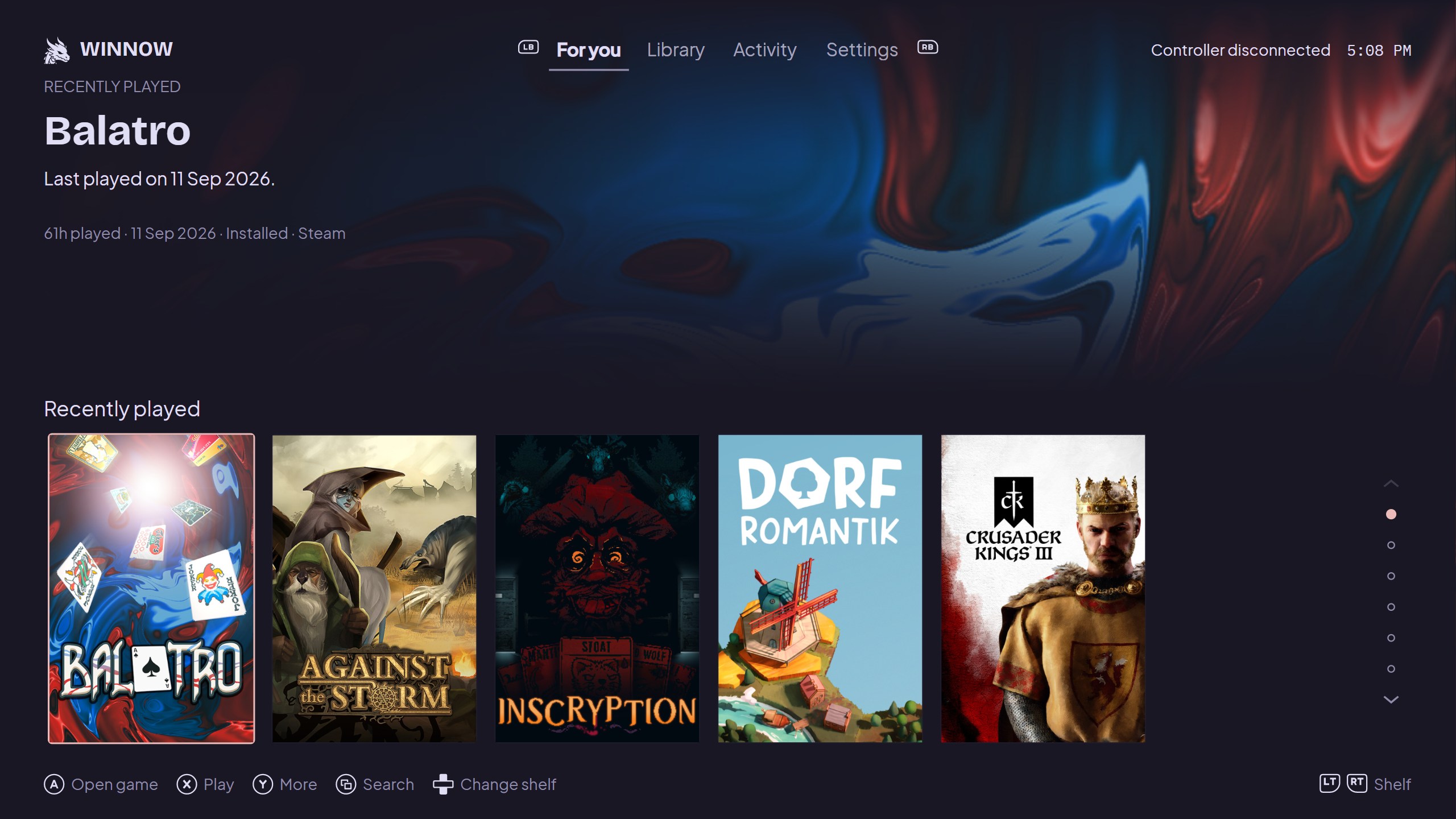 Fullscreen recommendations with Balatro and a recently played shelf