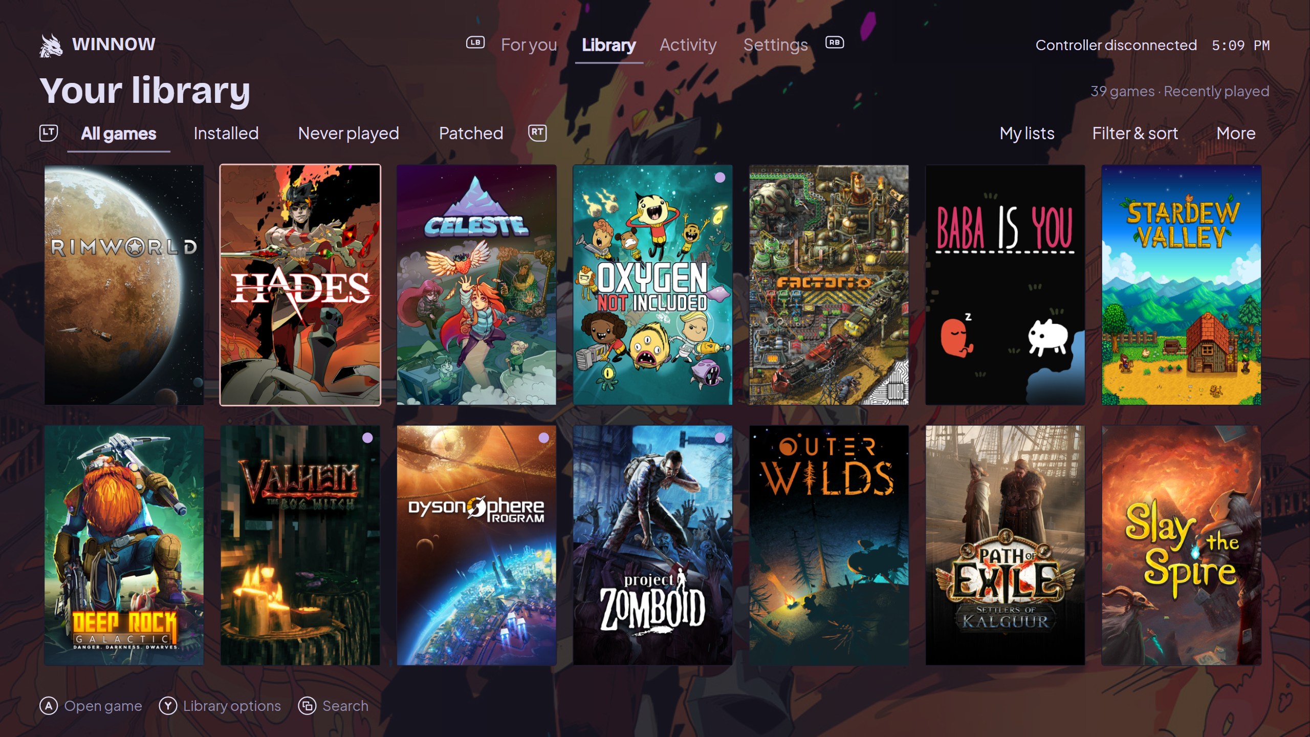 Winnow fullscreen library showing game covers and controller navigation