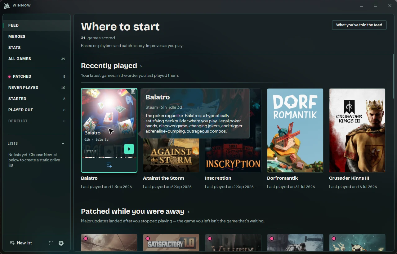 Desktop feed with a Balatro hover preview and cover actions