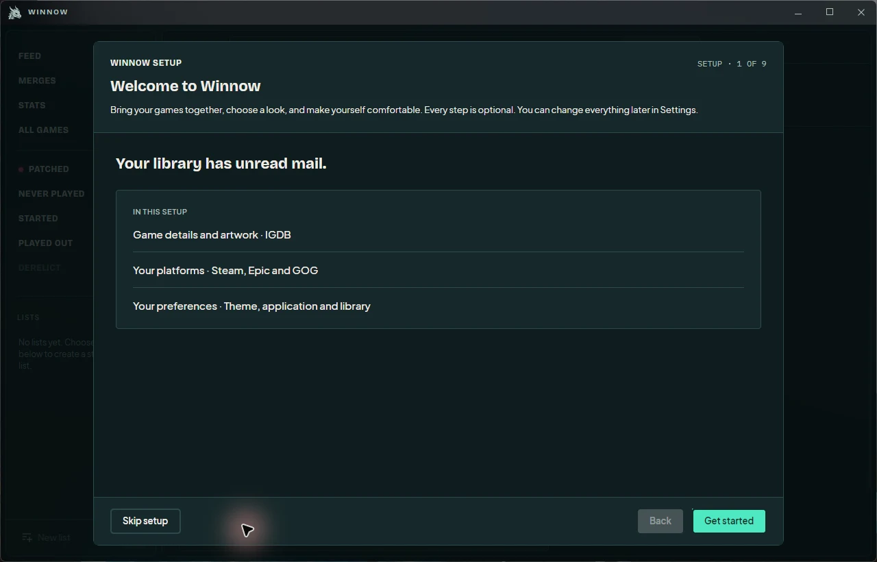 Setup welcome screen with Get started and Skip setup controls